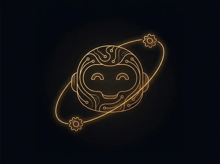 Gold line illustration of a friendly robot face drawn in circuit traces with an orbital loop — AI implementation