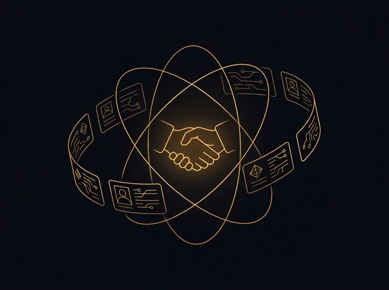 Gold line illustration of contact cards orbiting a glowing handshake — CRM and customer relationships