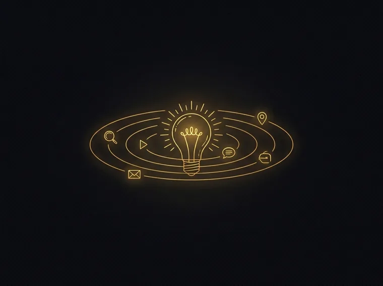 Gold line illustration of a lightbulb orbited by channel icons — full-service digital marketing
