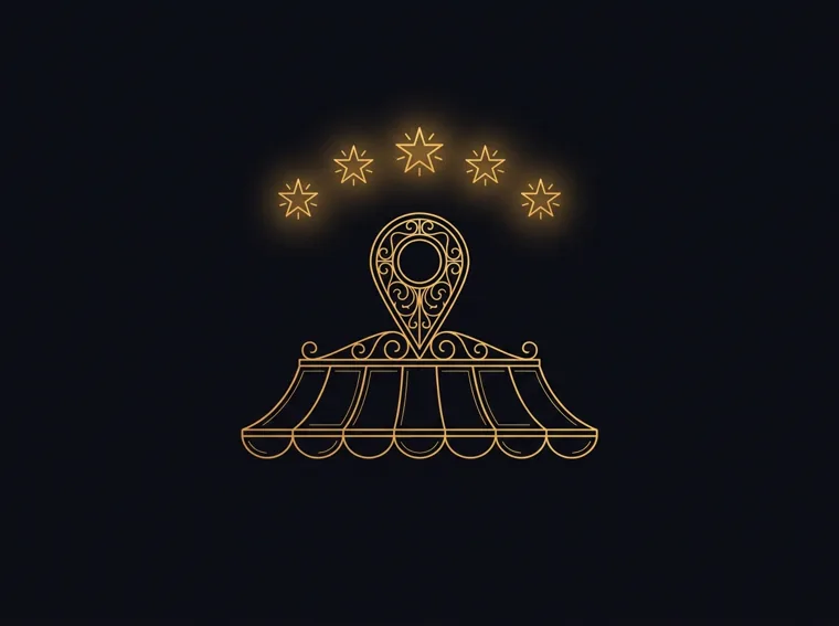 Gold line illustration of a map pin on a storefront awning under an arc of stars — Google Business Profile