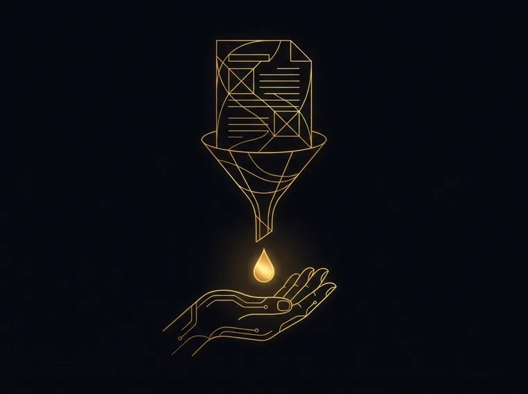 Gold line illustration of a page wireframe funneling into a single glowing droplet over an open hand — landing page conversion