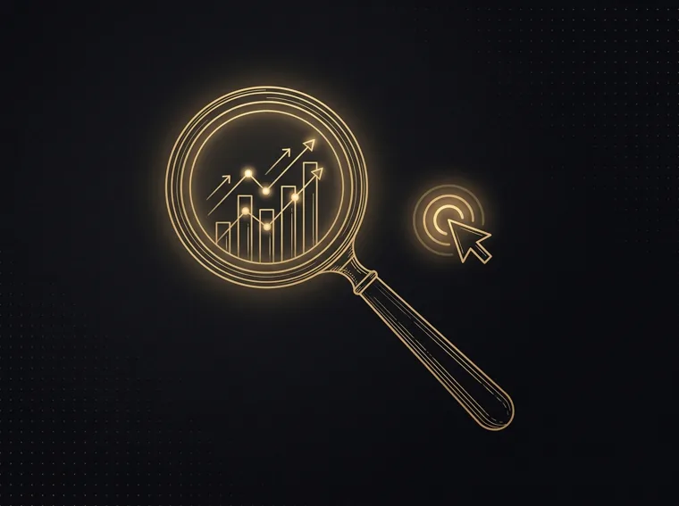 Gold line illustration of a magnifying glass revealing a rising bid auction chart — paid search management