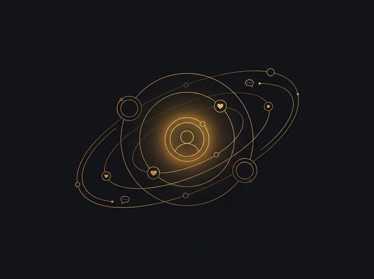 Gold line illustration of profile nodes orbiting a glowing central profile — social media advertising