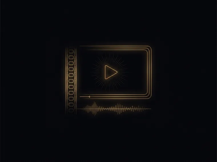 Gold line illustration of a video player with glowing play button and film strip — video advertising