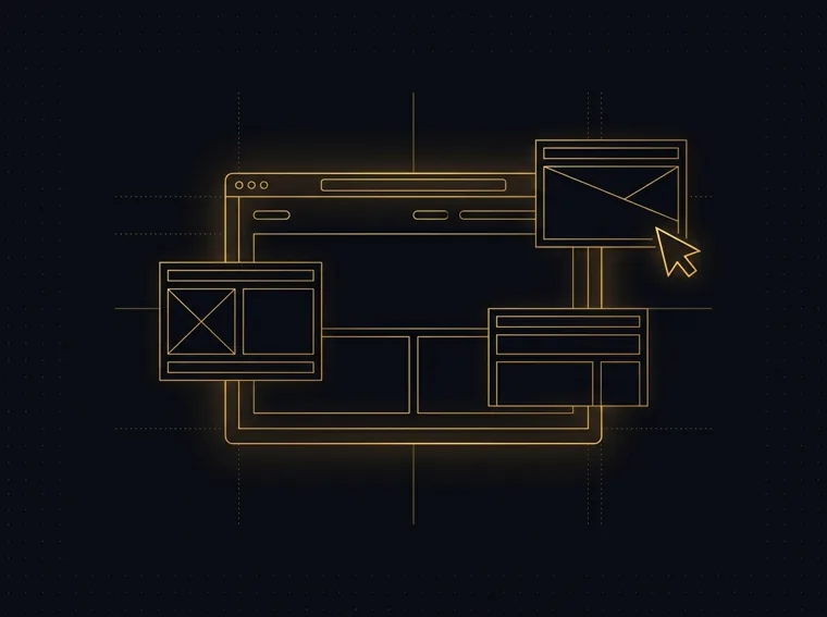 Gold line illustration of a browser window being assembled from layout panels — website creation