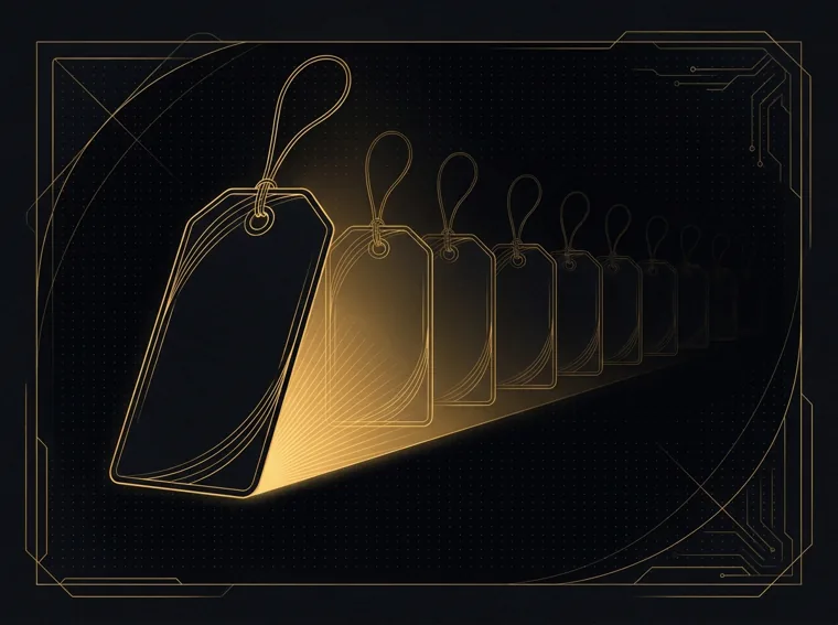 Gold line illustration of a blank product tag lighting a row of identical tags — white-label agency services
